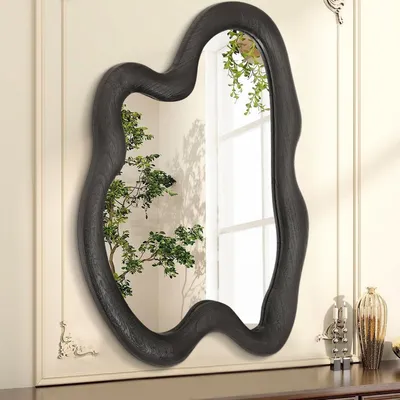 Productafbeelding van Grote wandspiegel - 80 x 60 cm - Houten frame - Asymmetrisch - Zwart - HD-glas