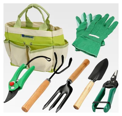 Produktbild von Gartenwerkzeug Set 7-teilig mit Aufbewahrungstasche | Gartengeräte inklusive Blumenschere, Schaufel, Harke, Handgrubber, Handschuhe | Ideal für Gärtner und Gartenliebhaber