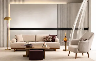 Immagine prodotto di Divano, poltrona, tessuto beige, legno, design moderno, set di sedute per soggiorno