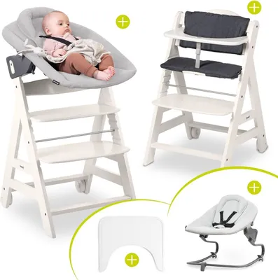 A collage of a baby high chair with various accessories, including a newborn insert and a tray.