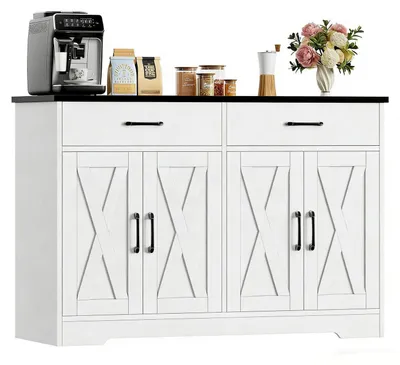 Produktbild von Sideboard 120cm Breit mit Arbeitsplatte, 2 Schubladen, 4 Türen, Weiß & Schwarz