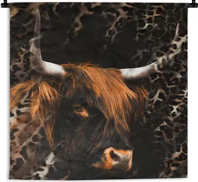 Produktbild von MuchoWow® Wandteppich Wandbehang Schottisches Hochlandrind - Pantherdruck - Design 150x150 cm Tapisserie Dekoration Wandtuch - Wohnaccessoires - Modernes