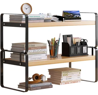 Image de Étagère de bureau en bois, 2 niveaux, noire, 30 x 18,3 x 37 cm