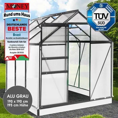 A greenhouse in an outdoor setting with promotional badges and text overlays.