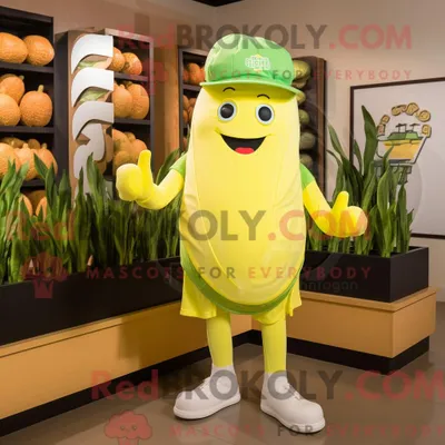Productafbeelding van Mascottefiguur REDBROKOLY van een citroengele selderij gekleed met een hardloopshort en hoedenspelden