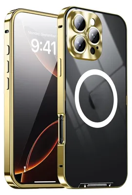 A close-up of a phone case with a gold frame and a black back, showing the camera module and a magnetic ring.