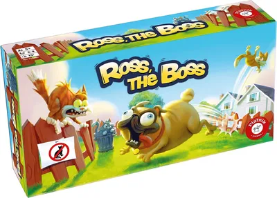 The image shows the box of a board game called "Ross, the Boss". The box art features cartoonish illustrations of a pug chasing a cat, with houses and a fence in the background.
