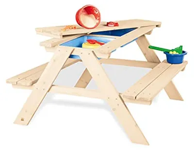 Image de Banc de pique-nique pour enfants - Table de jeu d'extérieur - Pour jouer en extérieur - Inclut 2 bacs - L 89 cm - Naturel