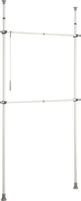 A white and gray telescopic wardrobe system against a white background.