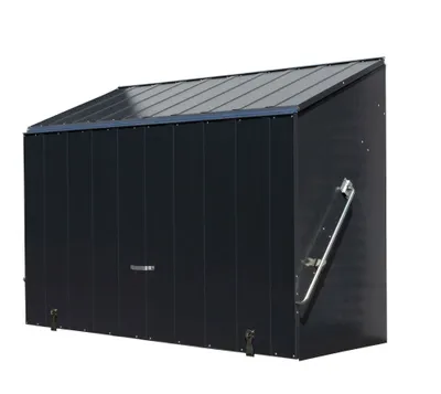 A dark gray metal storage box with a slanted roof, shown against a white background.