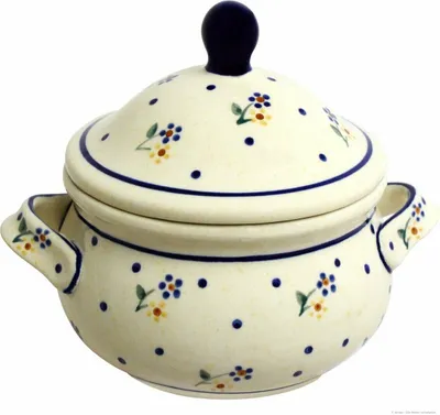 A ceramic pot with a lid, decorated with blue dots and small flowers.