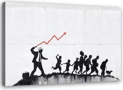 Zdjęcie produktu dla Obraz na płótnie, Banksy Ekomoniczna polityka 120x80 cm Feeby szary obraz na ścianę gotowy do powieszenia