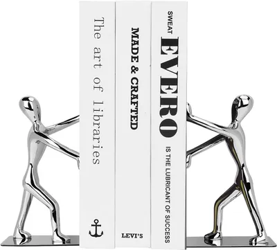Produktbild von Kung-Fu-Mann-Buchstützen aus silberfarbenem Edelstahl, dekorative humanoide Figur für Büro und Bibliothek