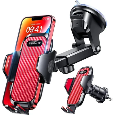 Image de Support pour téléphone de voiture 4 en 1 : ventouse, crochet de ventilation, rotation à 360°, compatible avec tableau de bord et pare-brise, couleur rouge