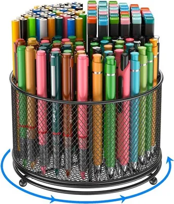 Obrázok produktu pre Uniqoos® otočný držiak na písacie potreby zo kovu – 4 priehradky, priestor pre viac ako 220 pier, rozmer 17,5×17,5×13,5 cm, čierna farba