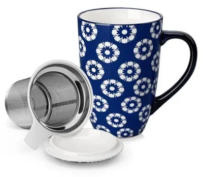 Immagine prodotto di Tazze con coperchio e filtro, set di tazze in Vetroceramica da 540 ml, con motivo floreale blu e bianco