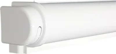 A close-up, side view of a white cassette for a blackout or thermal roller blind.