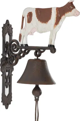 Image de Moritz Cloche murale en fonte tachetée de vache brune blanche Ferme Cloche de porte 37,7 cm de hauteur Cloche de maison style maison de campagne brune Sonnette décorée