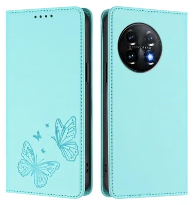 Produktbild von Lederhülle für OnePlus 11, Schmetterling Prägung Leder Brieftasche Schutzhülle mit Ständer Türkis