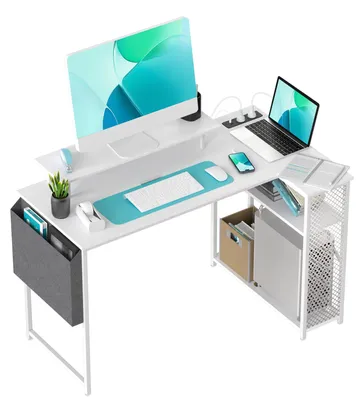 Zdjęcie produktu dla Stół komputerowy - stół narożny w kształcie litery L - 120 x 70 + 50 x 75 cm - rama metalowa - 2 półki - regulowana wysokość - uchwyt na monitor - do biura i do gier