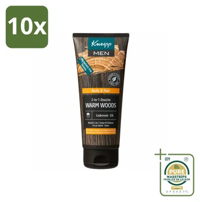 Image de 10 flacons de gel douche 2-en-1 Kneipp Homme, senteur Bois Chaud, 200 ml chacun. Pack économique de 10 pièces
