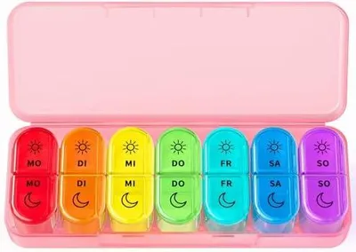 Produktbild von Doruimi Tablettenbox 7 Tage Morgens Abends, BPA Frei Pillendose Klein für Unterwegs, Medikamentenbox 7 Tage 2 fächer Große Fächer für Medikamente, Vitamine, Fischöl - Rosa