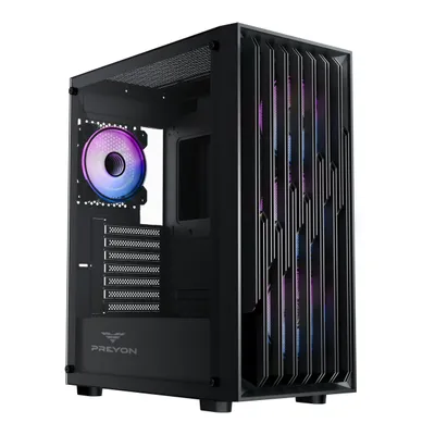 Produktbild von PREYON Nest Quarry Gaming PC Gehäuse – E-ATX Midi Tower mit 4x 120mm ARGB PWM Lüftern – Silent-Design, Tempered Glass, USB-C, Staubfilter, Schwarz