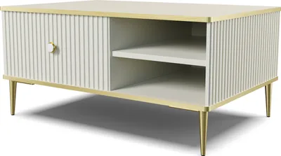 Produktbild von Couchtisch PETRA 90x60 cm KASCHMIR BEIGE mit Goldene Metallfüße Kaffeetisch Wohnzimmertisch, Moderner Stil, mit verstecktem Stauraum, mit Schublade, Regalen