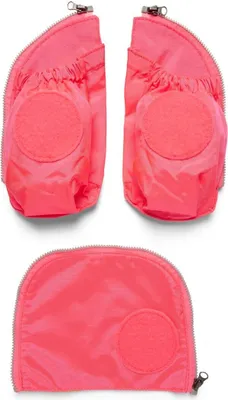 Three pink zippered pouches are displayed against a white background. The top two pouches are identical and appear to be side pockets for a backpack, while the bottom pouch is a single, larger pouch.