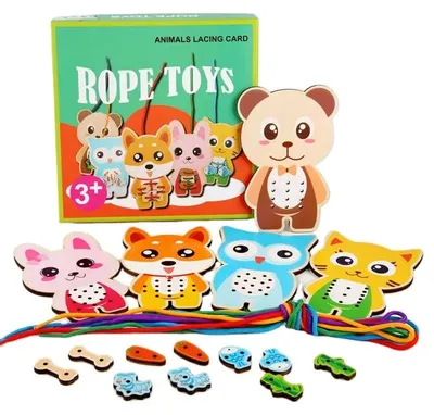 Produktbild von Montessori Fädelspiel Holz Tiere - Motorikspielzeug Schuhe Binden Lernen ab 3 Jahren
