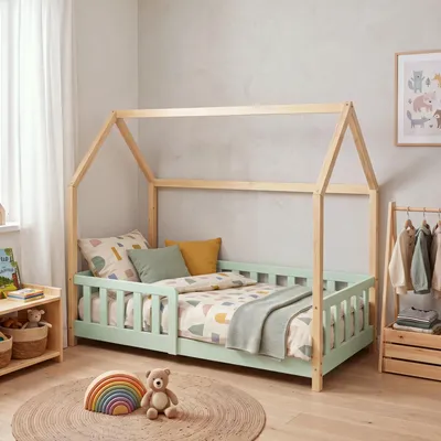 Produktbild von Hausbett ‘Hesel’ für Kinder mit Rausfallschutz 80 x 160 cm Kiefernholz Mintgrün/Natur