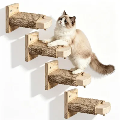Produktbild von Kletterwand Katzenkletterwand Katzentreppe - Wandmontage - 20 cm - Massivholz Kiefer - Set mit 4 Stufen - Für Katzen aller Altersklassen