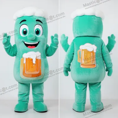 Image de Mascotte MASTICOT bière verte turquoise en peluche gonflable
