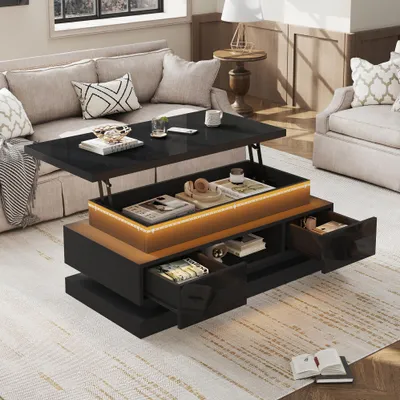 Produktbild von okwish Hochglanz-Couchtisch Wohnzimmertisch mit Anhebbarer ,Beistelltisch Schwarz Sofatisch mit LED und verstecktem Stauraum,100×50×40cm
