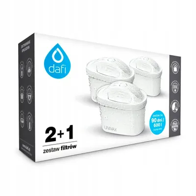 A product box for Dafi Unimax water filters, showing three filters inside.