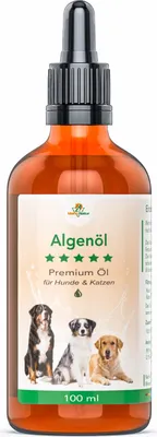 Produktbild von Algenöl für Hunde 100 ml - Vegane und nachhaltige Alternative aus Mikropflanzen - Glasflasche mit Glaspipette