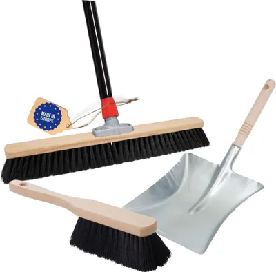 Produktbild von Novaliv Großer Besen 60 cm mit Stiel Kunstborsten Saalbesen inkl. Kehrgarnitur verzinkt bestehend aus Kehrblech und Handfeger besen fein Ideal als Werkstattbesen Hallenbesen Hausbesen mit Stiel