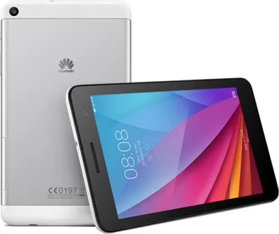 A silver Huawei tablet is shown from the back and front, with the screen displaying a colorful wallpaper and the time.