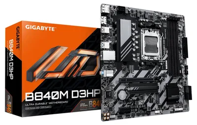 Produktbild von GIGABYTE B840M D3HP Mainboard – AMD Ryzen 9000 CPUs, 8+2+2-Phasen-VRM, bis zu 8200 MHz DDR5 (O.C.), 2× PCIe-4.0-M.2, 1-GbE-LAN, USB 3.2 Gen 2, AMD, Sockel AM5, AMD Ryzen 7000 Series, AMD Ryzen 8000 Series, AMD Ryzen 9000 Series, Sockel AM5, DDR5-SDRAM, 256 GB