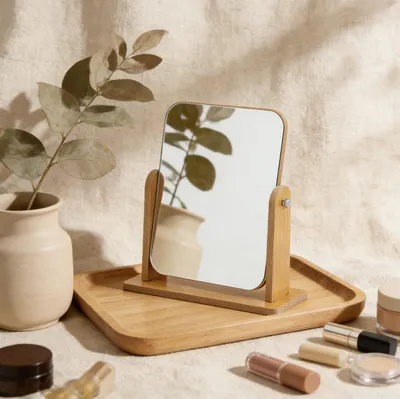 A wooden desktop mirror is placed on a wooden tray, with decorative plants and makeup items around it.