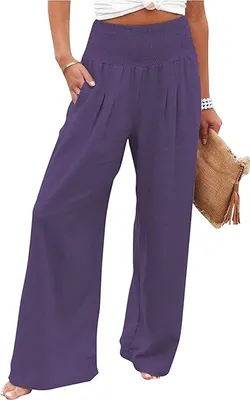Image de ASKSA Femmes Pantalon large palazzo Pantalon en lin taille haute Pantalon décontracté Long pantalon d'été, Violet, L