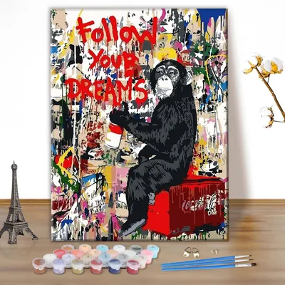 Produktbild von Malen nach Zahlen Set Affen Street Graffiti 30x40cm ohne Rahmen Acrylfarben Pinsel Leinwand