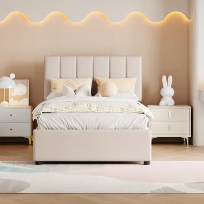 Image de Fortuna Lai Lit rembourré 90x200 cm, H, lit double avec espace de rangement, lit fonctionnel hydraulique, lit simple multifonctionnel,pour lit d'enfant & adolescent, lin, beige