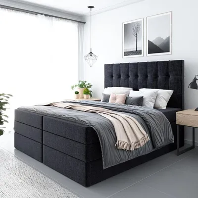 Produktbild von Bett, Boxspringbett FARO PLUS mit 2-Matrazen und Topper Visco, Doppelbett, Schlafzimmer, Polsterbett, 200x200 cm(Schwarz - AURA 18)