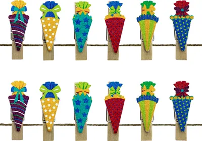 Produktbild von Oblique Unique 12 Mini Wäscheklammern Holz Miniklammern mit Zuckertüten Motiv für Schuleinführung Einschulung - bunt