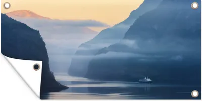 Produktbild von MuchoWow® 60x30 cm Outdoor-Poster Gartendeko Sichtschutz Garten Poster für den Garten  Fjorde in Norwegen Sonnenaufgang