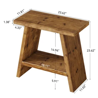 Zdjęcie produktu dla Wąski stolik pomocniczy z drewna do salonu, stolik przykanapowy, mały stolik z dwupoziomowym schowkiem, stolik kawowy w kolorze brązowym, 60 x 30 x 60 cm