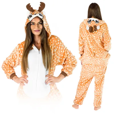 Produktbild von Jumpsuit Onesie für Damen und Herren - Sanft Kuschelig Uni Pyjama - Warme Schlafanzug - Karneval Kostüm - Karnevalskostüm- Größe 168-178 cm L - Hirsch