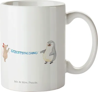 Produktbild von Mr. & Mrs. Panda Kaffeebecher Maus Pinguin Geburtstag - Weiß - Geschenk, Pott, haferl, Becher, Tasse, Party, Happy Birthday, Geburtstagsgeschenk, Kaffeetasse