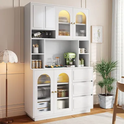 Immagine prodotto di Mobile da cucina MODFU, bianco, con ante in vetro acrilico, mobile alto con LED e ripiani aperti, dimensioni 160x30x175 cm, credenza con ante doppie e 3 cassetti